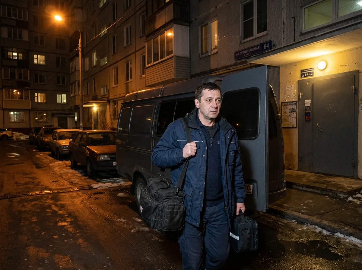Врач-нарколог с медицинским чемоданчиком приезжает в жилой дом Москвы, ночное освещение, машина скорой помощи без опознавательных знаков