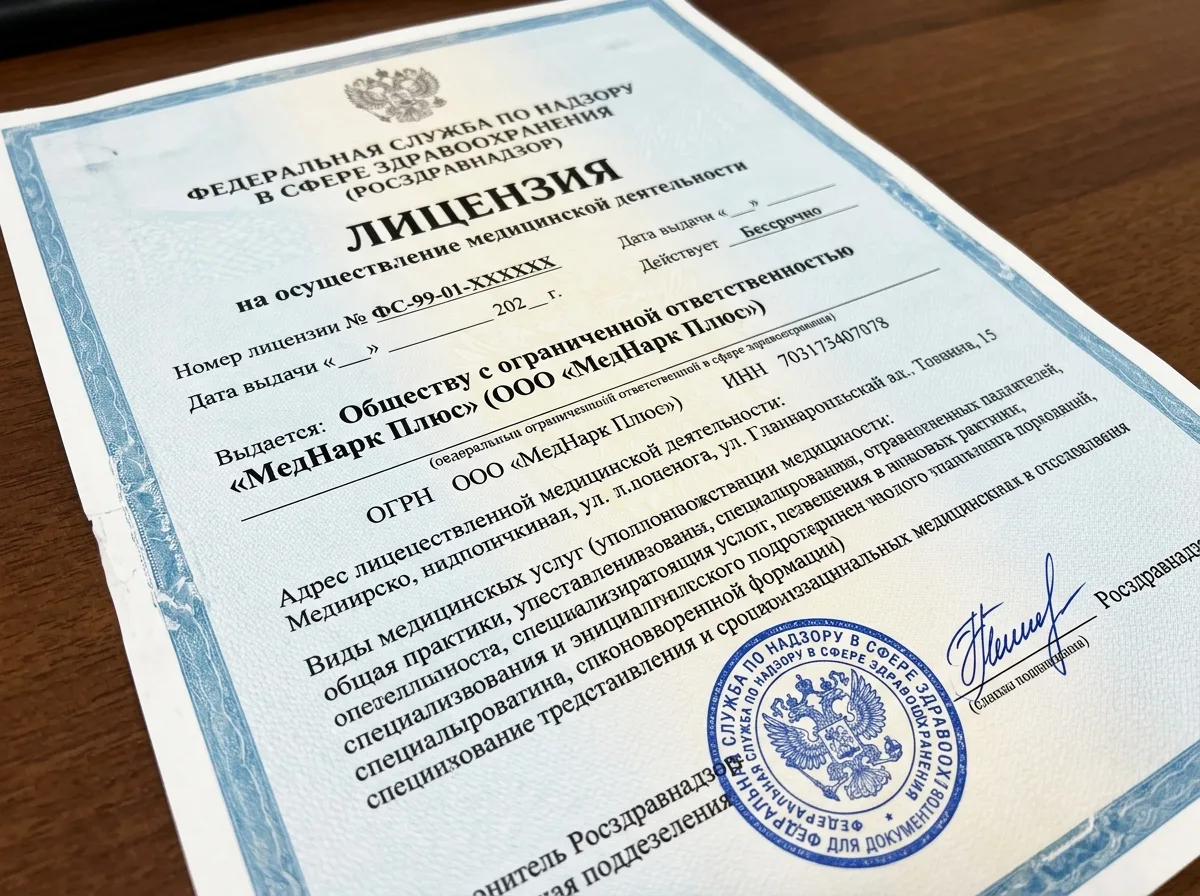 Лицензия Росздравнадзора на осуществление медицинской деятельности ООО МедНарк Плюс, официальный документ с печатью и подписью, крупный план